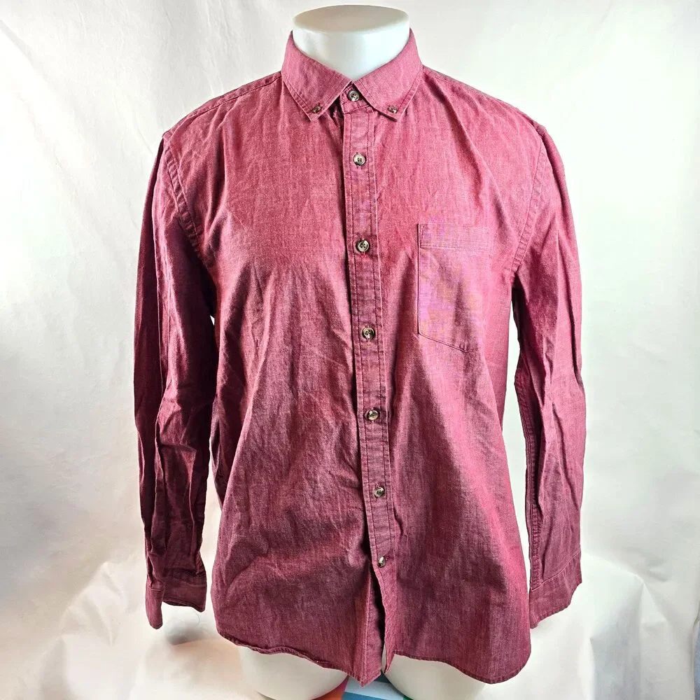 Banana Republic Shirt Men Large Red Solid Button Up Untucked Fit Chambray Preppy - Picture 1 of 9